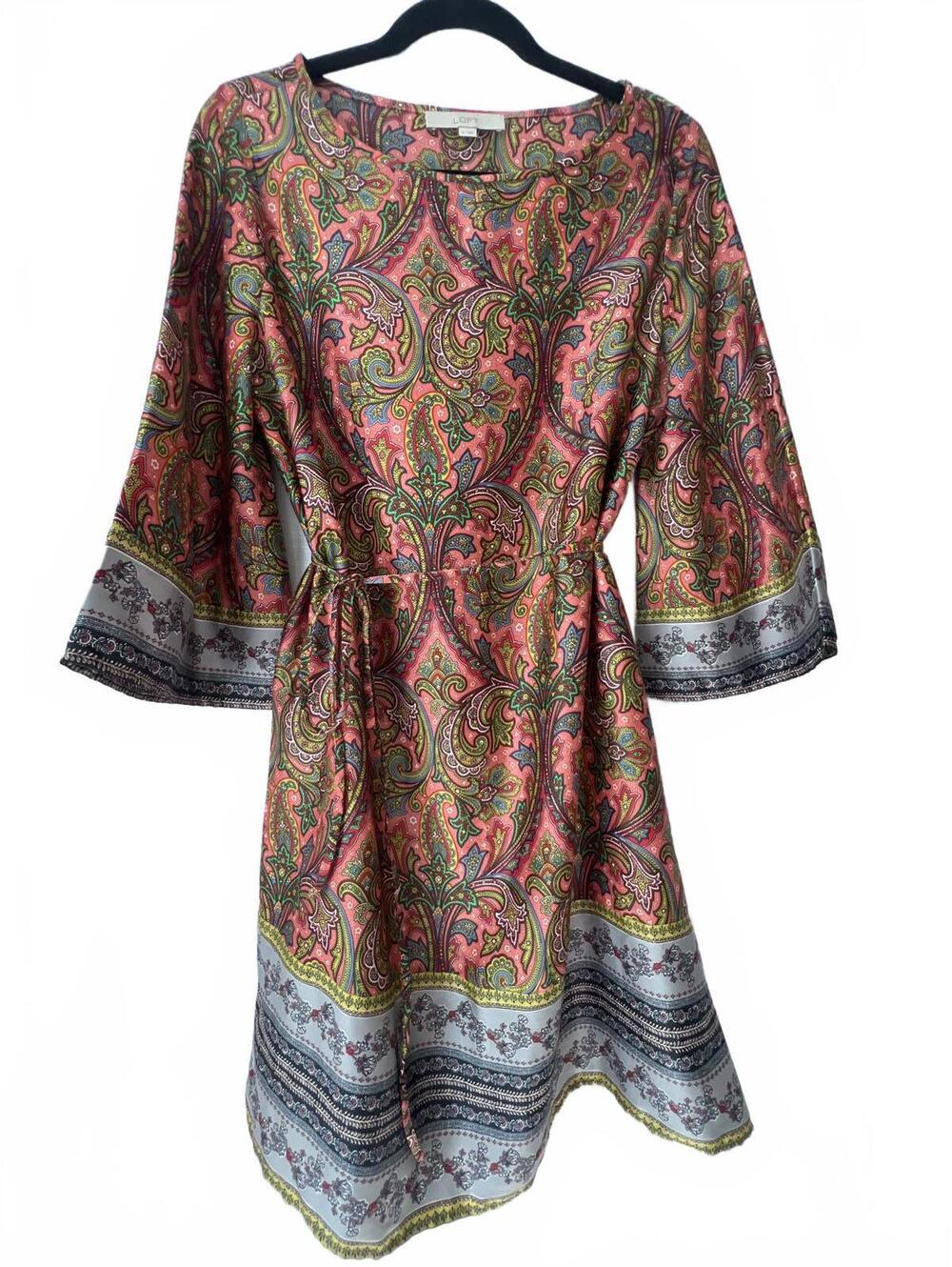 LOFT Paisley Tunic Dress Womens Medium Multicolor 3/4 Bell Sleeve Boho Shift